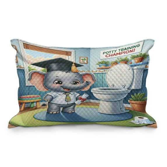 Ambesonne Cartoon Quilted Pillowcover, Potty Training Elephant Art, 30" x 20", Purpleblue Multicolor