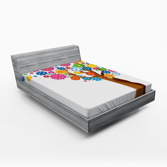 Ambesonne Cartoon Room Fitted Sheet, Tree Vibrant Blooms, Queen Size, Multicolor