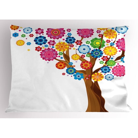 Ambesonne Cartoon Room Pillow Sham, Tree Vibrant Blooms, 26" X 20", Multicolor