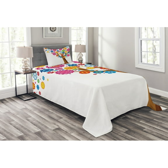 Ambesonne Cartoon Room Quilted Bedspread Set 2 Pcs, Tree Vibrant Blooms, Twin Size, Multicolor