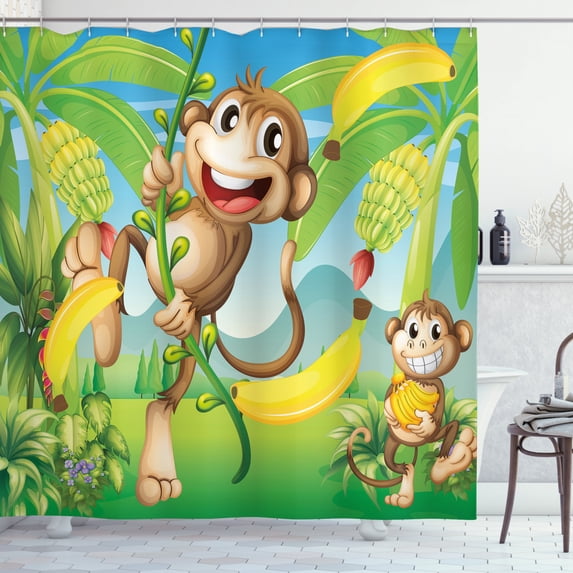 Ambesonne Cartoon Shower Curtain, 2 Monkeys and Bananas, 69"Wx75"L, Multicolor