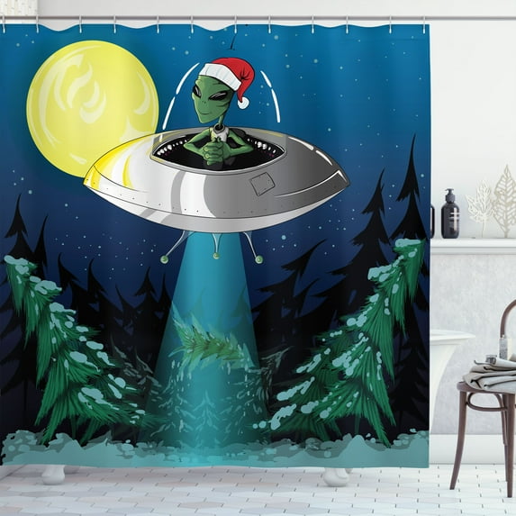 Ambesonne Cartoon Shower Curtain, Alien Christmas Art, 69"Wx75"L, Green Blue