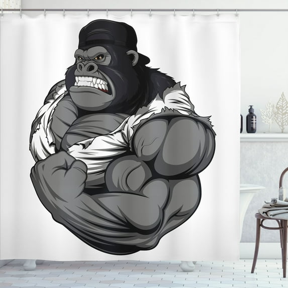 Ambesonne Cartoon Shower Curtain, Animal Athlete Gorilla, 69"Wx84"L, Black White Grey