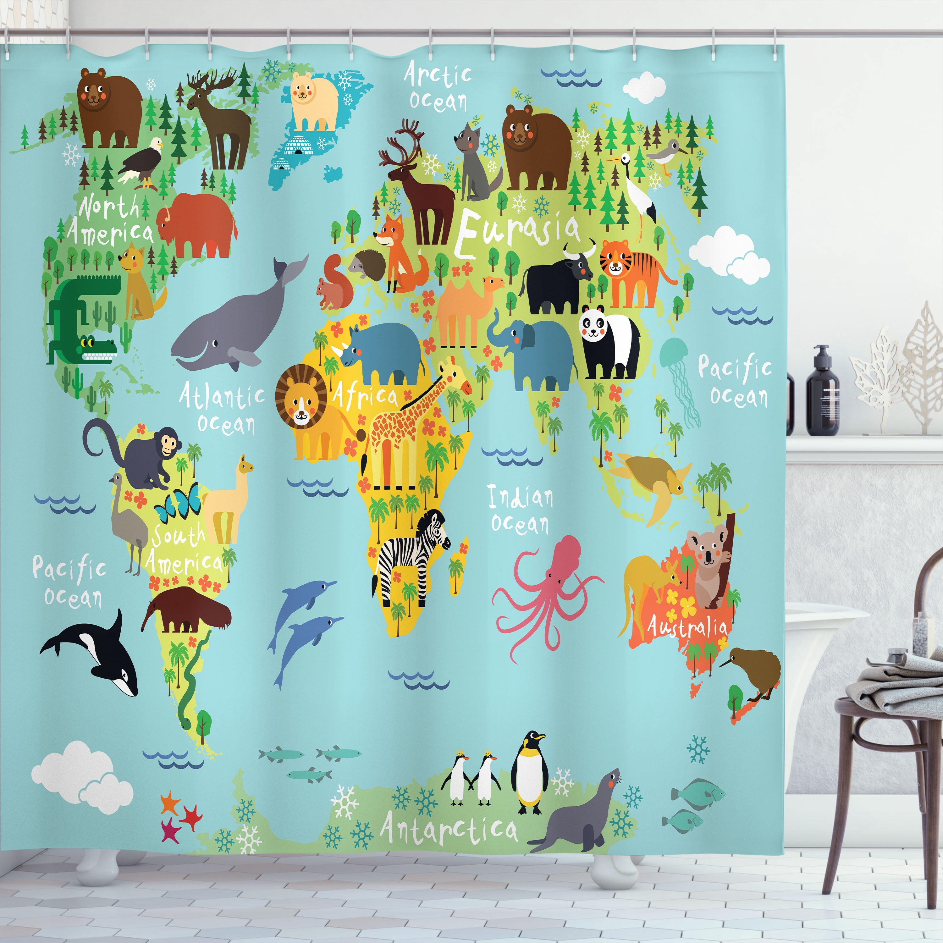 Ambesonne Cartoon Shower Curtain, Animal Map of the World, 69"Wx75"L ...