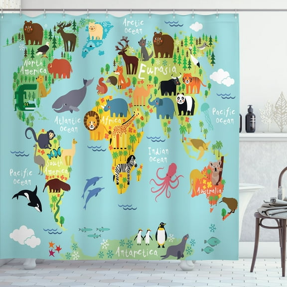 Ambesonne Cartoon Shower Curtain, Animal Map of the World, 69"Wx75"L, Pale Blue Yellow Green