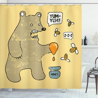 Ambesonne Cartoon Shower Curtain, Bear Bees Honey Comic, 69"Wx84"L, Taupe Yellow