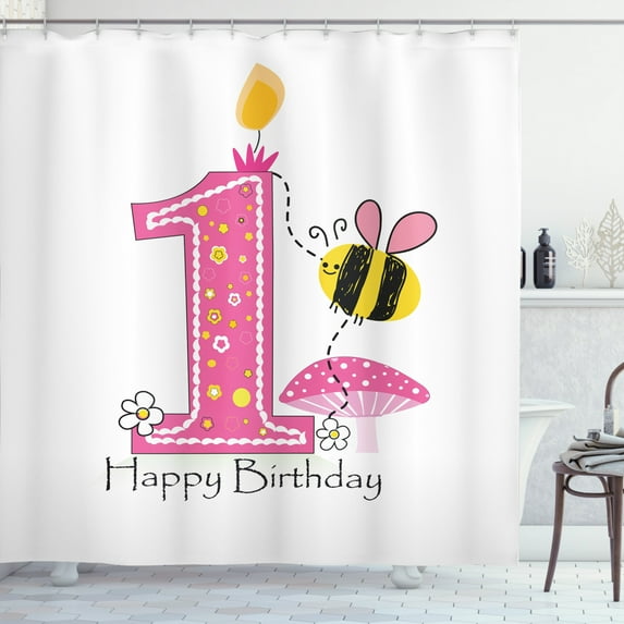 Ambesonne Cartoon Shower Curtain, Bees Party Cake Candle, 69"Wx70"L, Pink Black and Yellow
