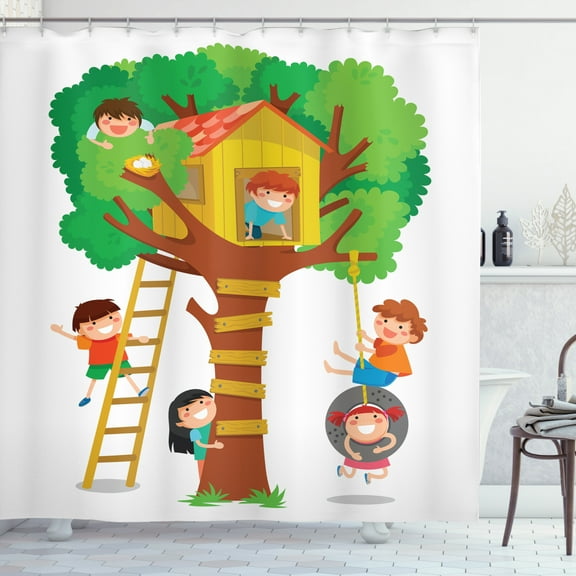 Ambesonne Cartoon Shower Curtain, Boys Girl in a Tree House, 69"Wx70"L, Multicolor