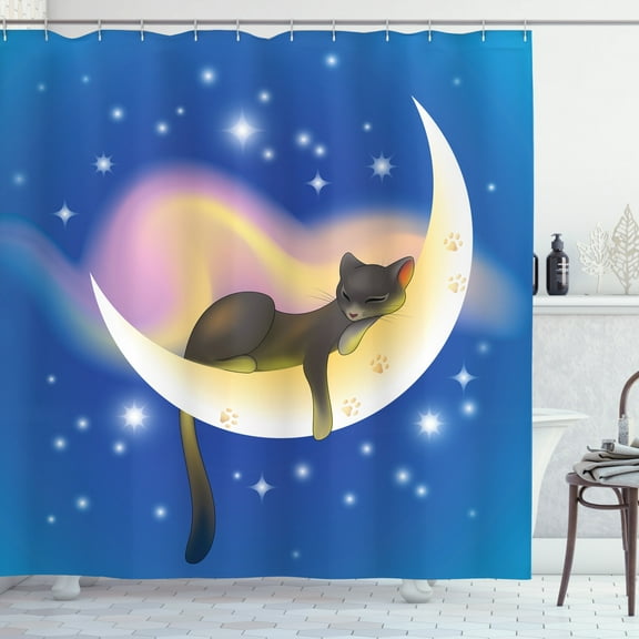 Ambesonne Cartoon Shower Curtain, Cat, 69"Wx75"L, Yellow Blue