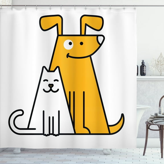 Ambesonne Cartoon Shower Curtain, Cats and Dogs Friends, 69"Wx70"L, Black White and Apricot