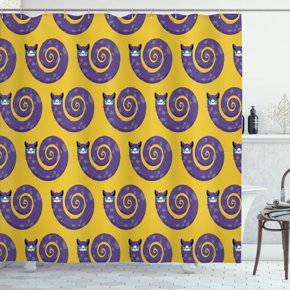 Ambesonne Cartoon Shower Curtain, Cats in Spiral Forms Art, 69"Wx84"L, Earth Yellow and Blue Violet