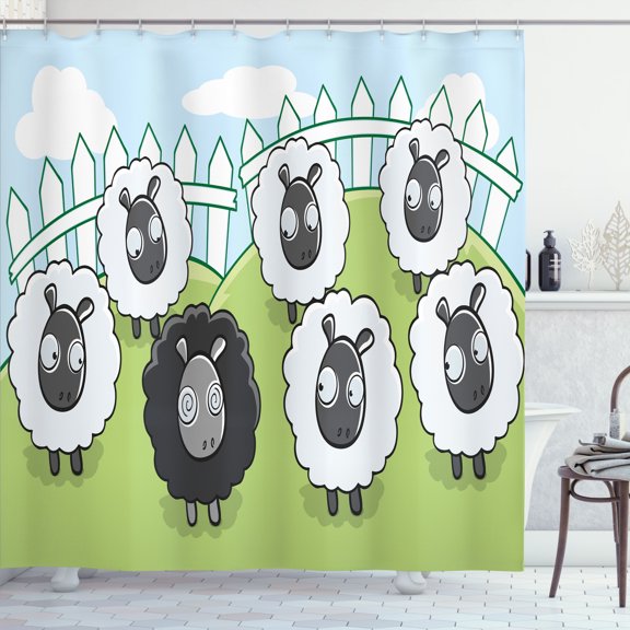 Ambesonne Cartoon Shower Curtain, Dark Color and White Sheep, 69"Wx70"L, Green Pale Blue