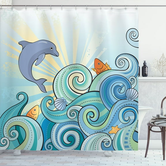 Ambesonne Cartoon Shower Curtain, Dolphin Ocean, 69"Wx70"L, Multicolor