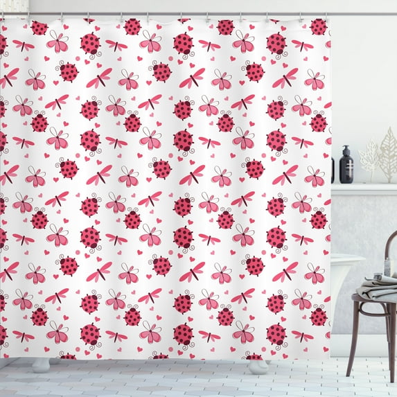 Ambesonne Cartoon Shower Curtain, Dragonfly Ladybugs Hearts, 69"Wx75"L, White Pink