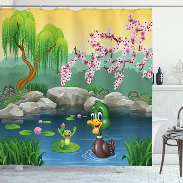 Ambesonne Cartoon Shower Curtain, Duck and Frog in a Lake, 69"Wx84"L, Multicolor
