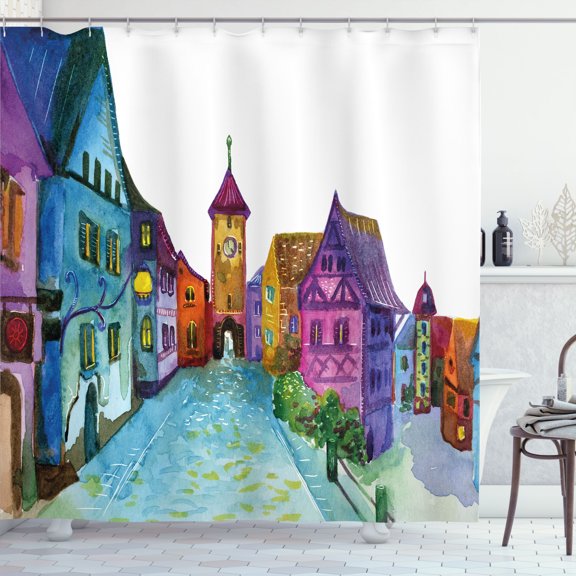 Ambesonne Cartoon Shower Curtain, European House Scenery, 69"Wx75"L, Multicolor