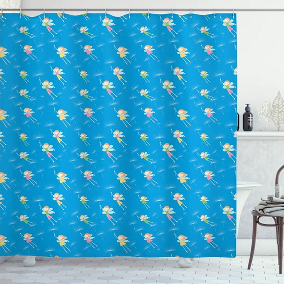 Ambesonne Cartoon Shower Curtain, Fairies in the Sky, 69"Wx70"L, Azure Blue Multicolor
