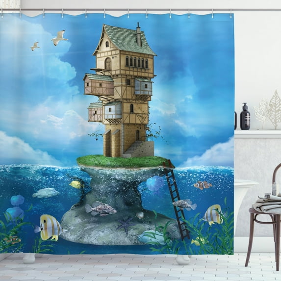 Ambesonne Cartoon Shower Curtain, Fantasy Fisherman House, 69"Wx75"L, Blue Brown Green