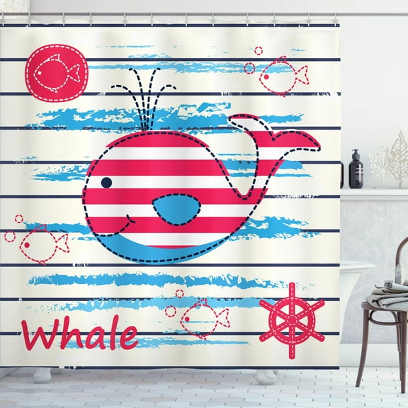 Ambesonne Cartoon Shower Curtain, Fish Sailor Marine Sea, 69"Wx70"L, Cream Red Blue