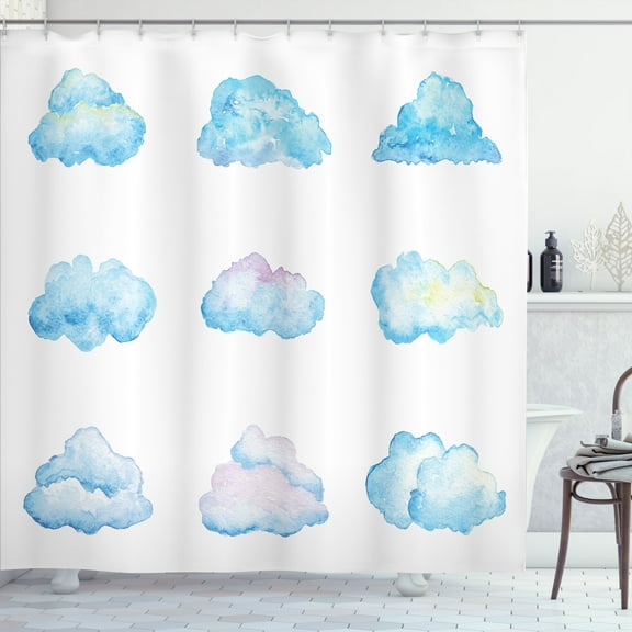 Ambesonne Cartoon Shower Curtain, Fluffy Clouds, 69"Wx70"L, Blue White
