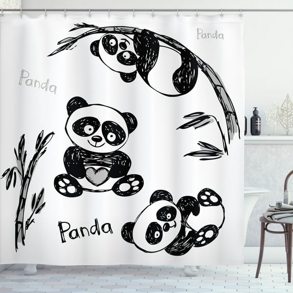 Ambesonne Cartoon Shower Curtain, Hand Drawn Panda Poses, 69"Wx75"L, White and Black