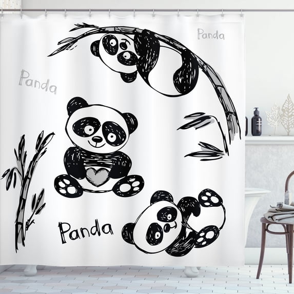Ambesonne Cartoon Shower Curtain, Hand Drawn Panda Poses, 69"Wx84"L, White and Black
