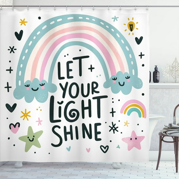 Ambesonne Cartoon Shower Curtain, Hand Drawn Rainbow Phrase, 69"Wx70"L, Pale Teal Pink and Coral