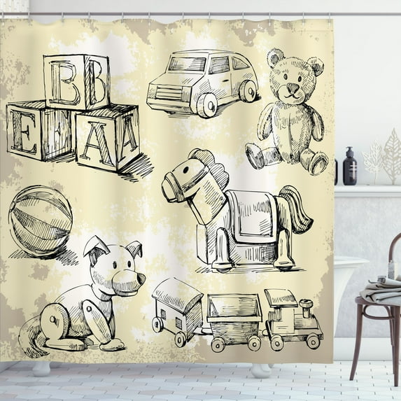 Ambesonne Cartoon Shower Curtain, Hand Drawn Teddy Bear, 69"Wx70"L, Beige Black