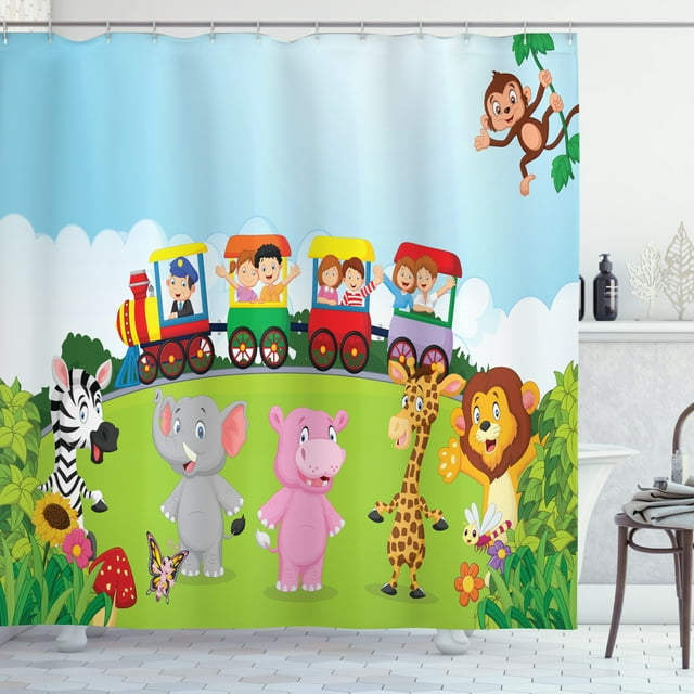 Ambesonne Cartoon Shower Curtain, Happy Savannah Forest Train, 69"Wx75"L, Multicolor