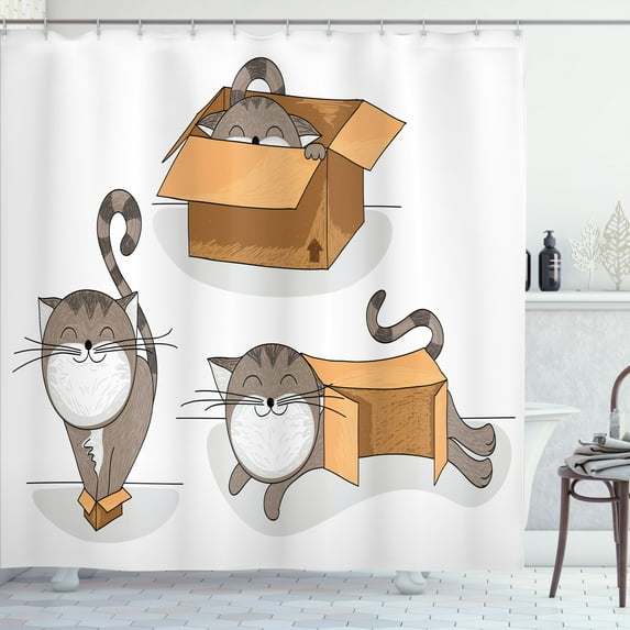 Ambesonne Cartoon Shower Curtain, Kitten Cat in the Box, 69"Wx70"L, Sand Brown Warm Taupe