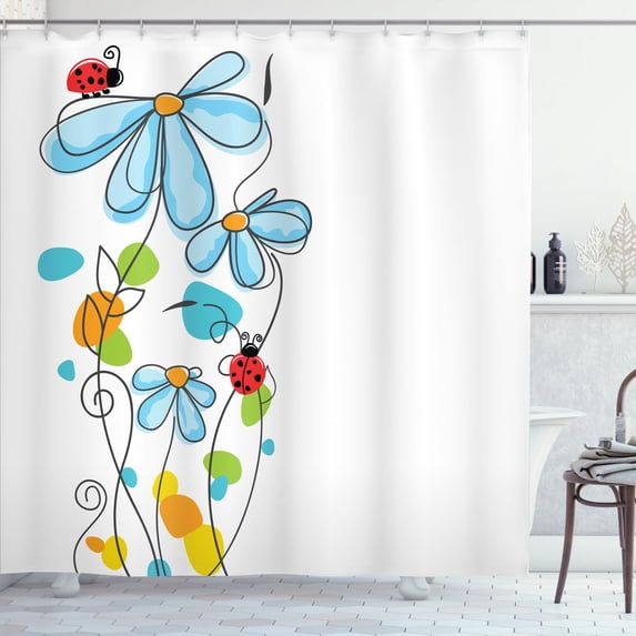 Ambesonne Cartoon Shower Curtain, Ladybugs Flowers, 69"Wx75"L, Multicolor