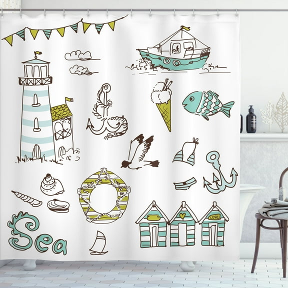 Ambesonne Cartoon Shower Curtain, Lighthouse Anchor Seagull, 69"Wx75"L, Pale Green Yellow
