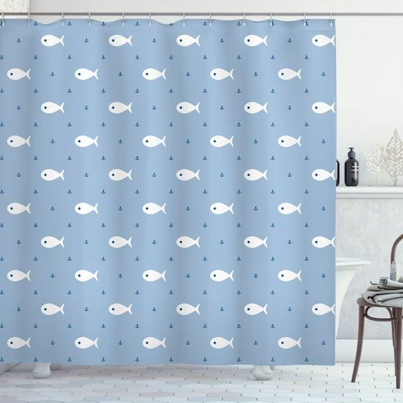 Ambesonne Cartoon Shower Curtain, Little Fish Aquatic Life, 69"Wx75"L, White Blue