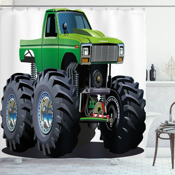 Ambesonne Cartoon Shower Curtain, Monster Pickup Truck, 69"Wx70"L, Green Grey