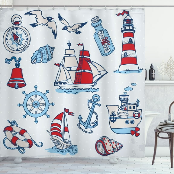 Ambesonne Cartoon Shower Curtain, Nautical, 69"Wx84"L, Blue Red