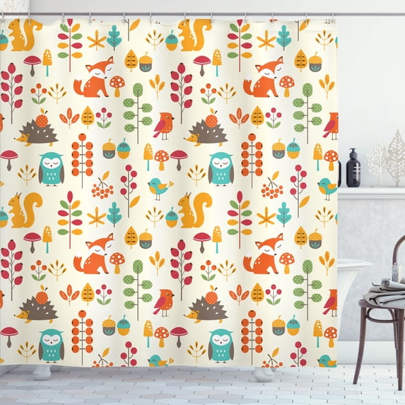Ambesonne Cartoon Shower Curtain, Owl Fox Squirrel Birds, 69"Wx70"L, Multicolor