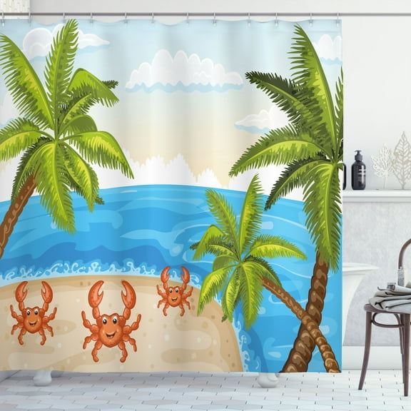 Ambesonne Cartoon Shower Curtain, Palm Trees and Crabs, 69"Wx84"L, Aqua Beige