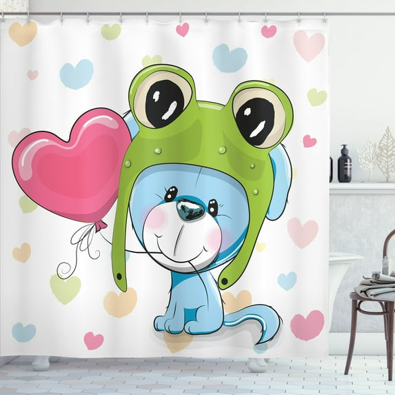 Ambesonne Cartoon Shower Curtain, Puppy Dog in Frog Hat, 69"Wx84"L, Blue Pink Green