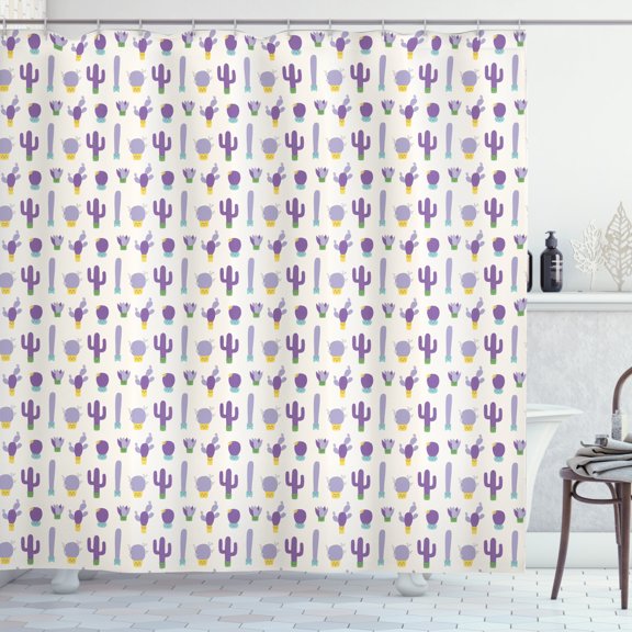 Ambesonne Cartoon Shower Curtain, Purple Smiling Cactus Faces, 69"Wx84"L, Multicolor