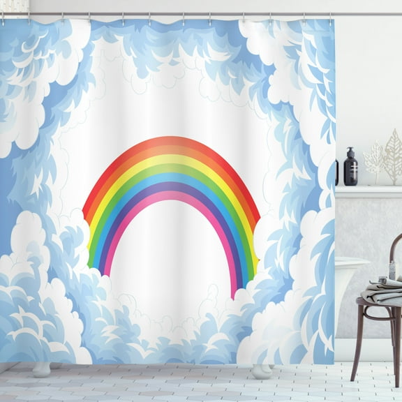 Ambesonne Cartoon Shower Curtain, Rainbow Fluffy Clouds, 69"Wx84"L, Pale Blue Yellow