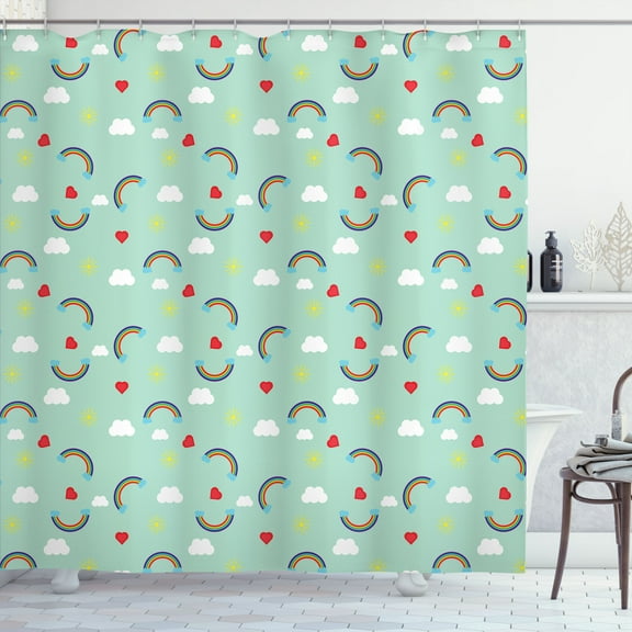 Ambesonne Cartoon Shower Curtain, Rainbow Sky Clouds Heart, 69"Wx84"L, Mint Green Multicolor