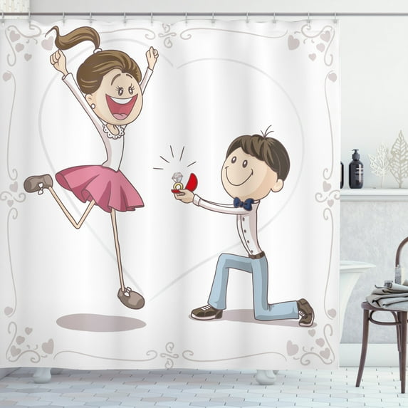Ambesonne Cartoon Shower Curtain, Romantic Couple, 69"Wx75"L, Pink Blue and White