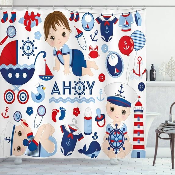 Ambesonne Cartoon Shower Curtain, Sailor Clothes Motif, 69"Wx70"L, Sea Blue Dark Coral