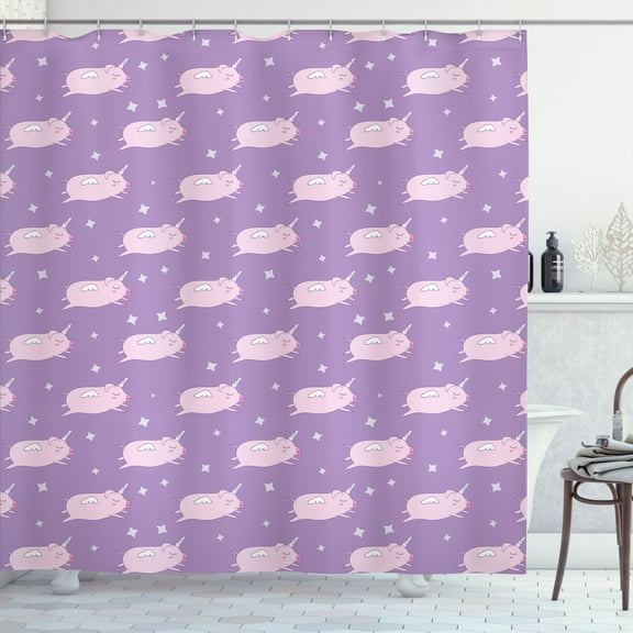 Ambesonne Cartoon Shower Curtain, Sleeping Pigs with Wings, 69"Wx70"L, Pale Pink Pale Purple
