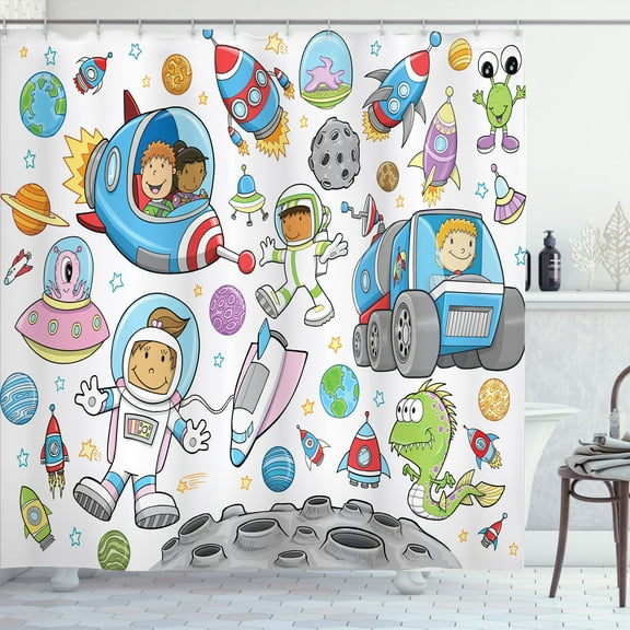 Ambesonne Cartoon Shower Curtain, Space Rocket, 69"Wx84"L, Multicolor