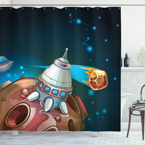 Ambesonne Cartoon Shower Curtain, Spacecraft Planet Space, 69"Wx70"L, Multicolor
