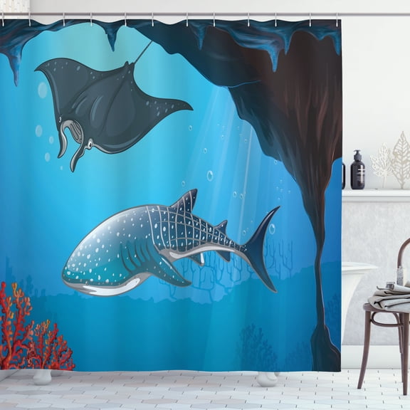 Ambesonne Cartoon Shower Curtain, Swimming Shark Ocean, 69"Wx84"L, Blue Grey