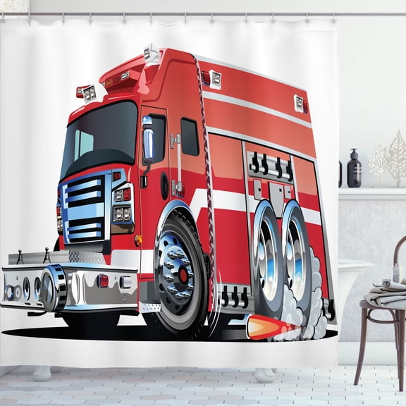 Ambesonne Cartoon Shower Curtain, Truck Rescue Team Art, 69"Wx75"L, Grey Red