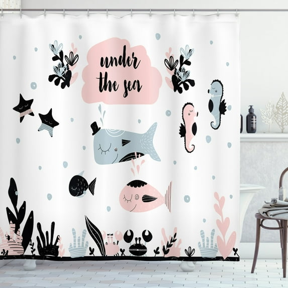 Ambesonne Cartoon Shower Curtain, Under the Sea Fauna, 69"Wx75"L, Pale Blue Grey Pale Pink