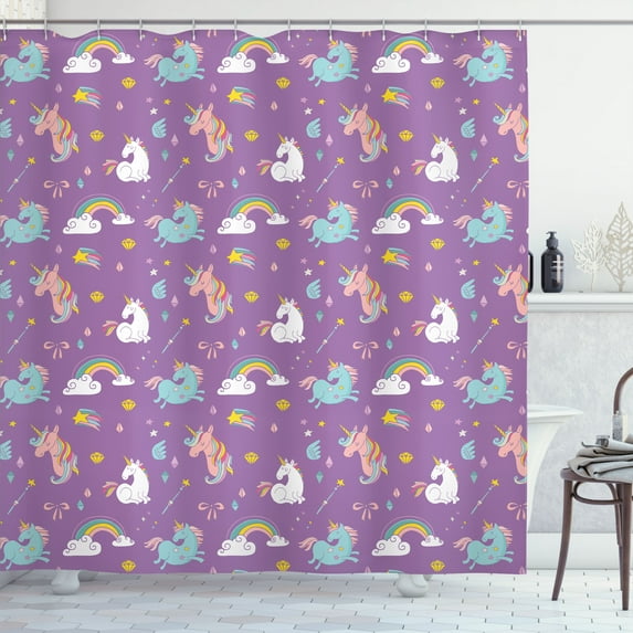 Ambesonne Cartoon Shower Curtain, Unicorn Rainbows, 69"Wx70"L, Multicolor